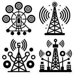 Naklejka premium Illustration showing four different communication towers with varying signal technologies present in black