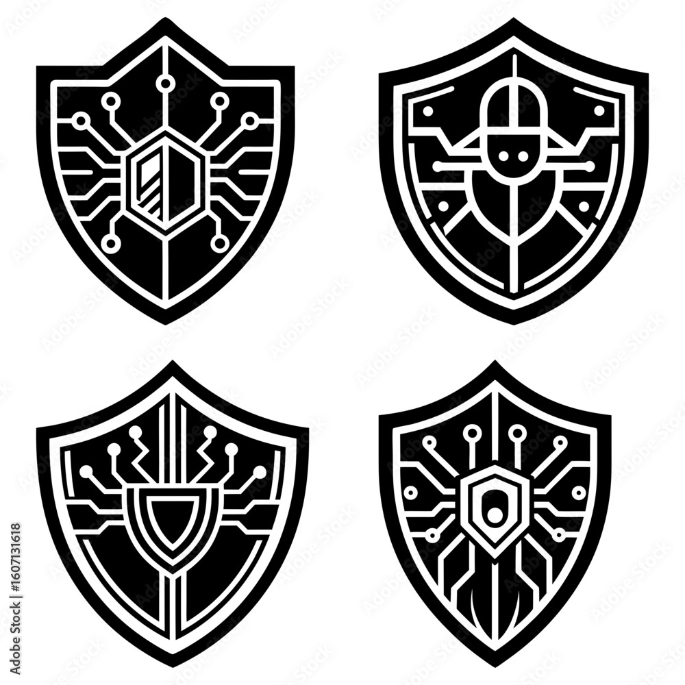 Aufkleber collection of four shield icons with circuit board and bug designs in black and white style set
