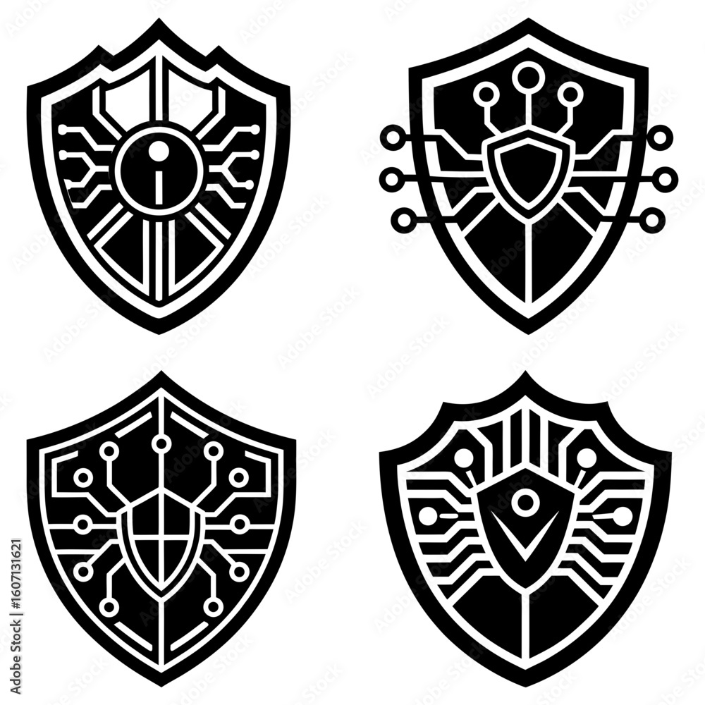 Poster four black shields with circuit board designs representing cybersecurity and data protection concept