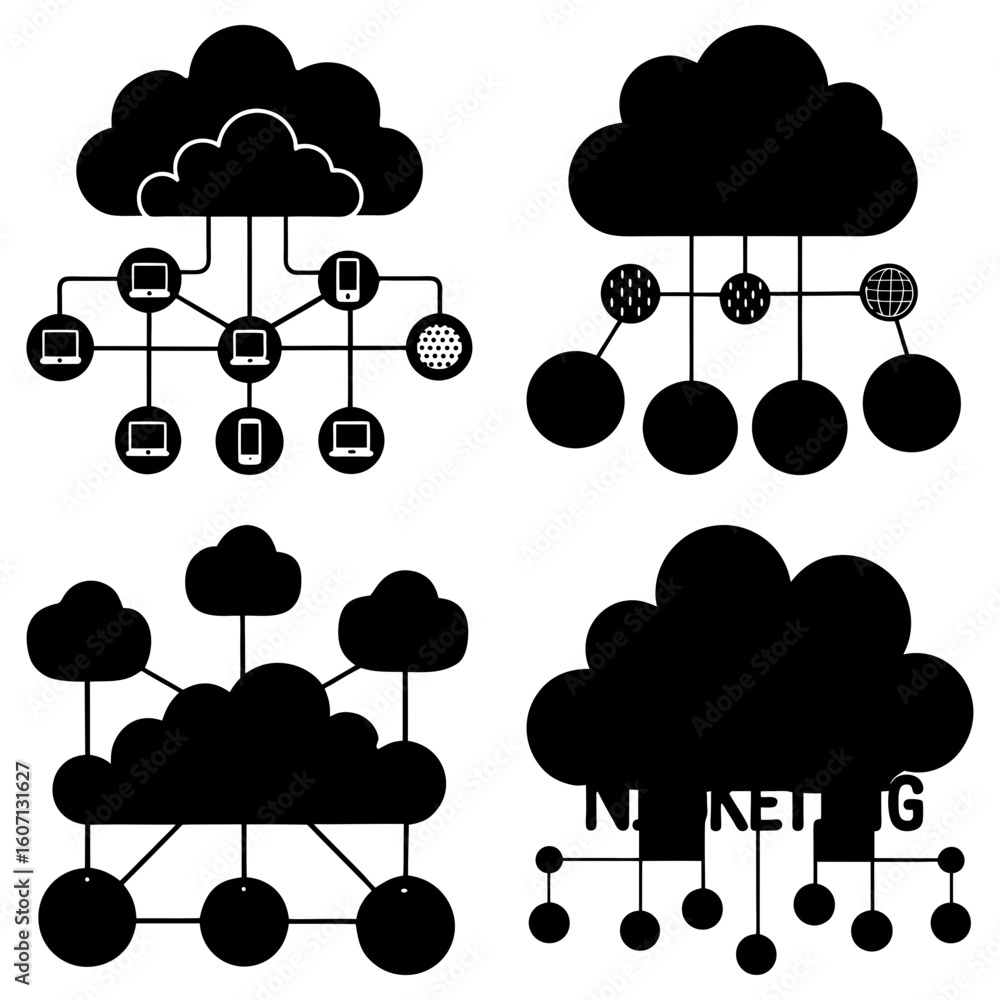 Poster four cloud network diagrams showing different connection types in black and white illustration style