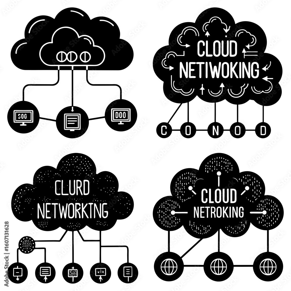 Poster four cloud networking diagrams showing different connection types and network configurations in blac