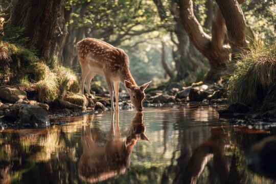 Deer drinking water in a forest stream nature photography serene environment close-up view