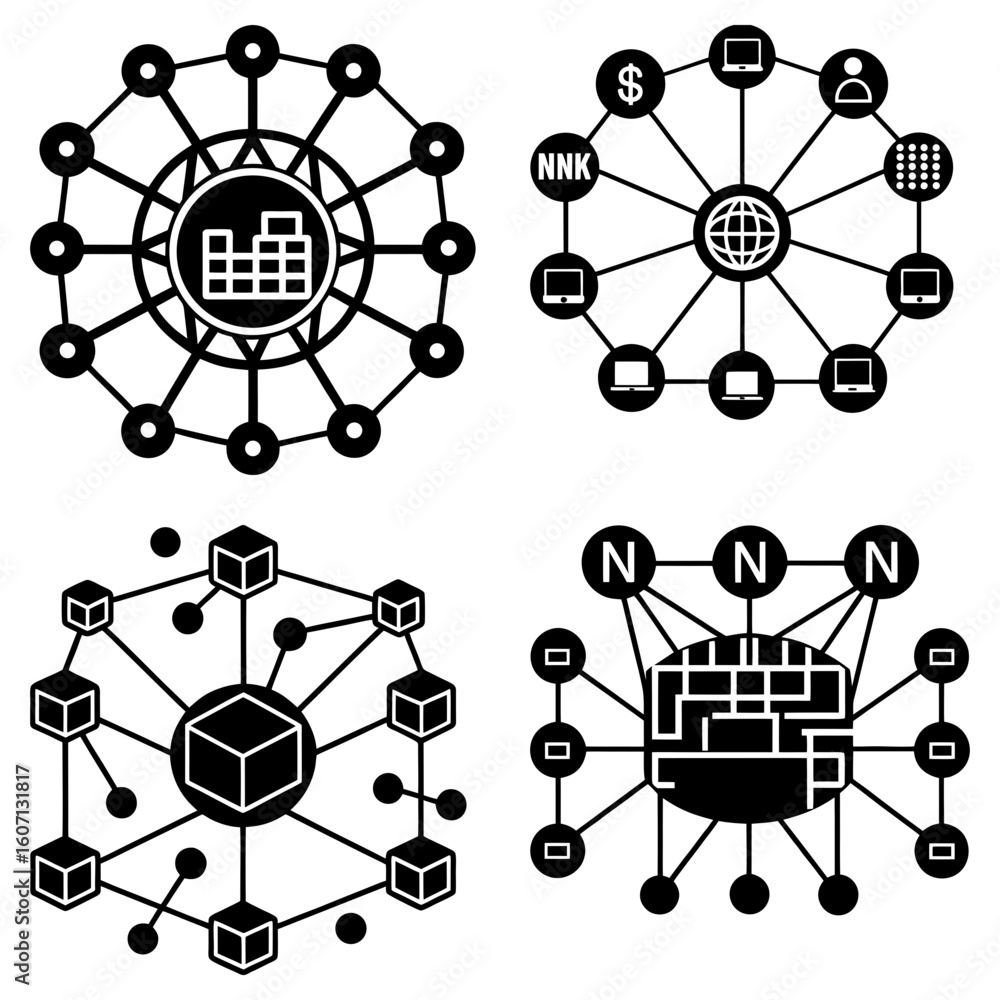 Poster illustration showing four network diagrams with different central icons connected to peripheral node