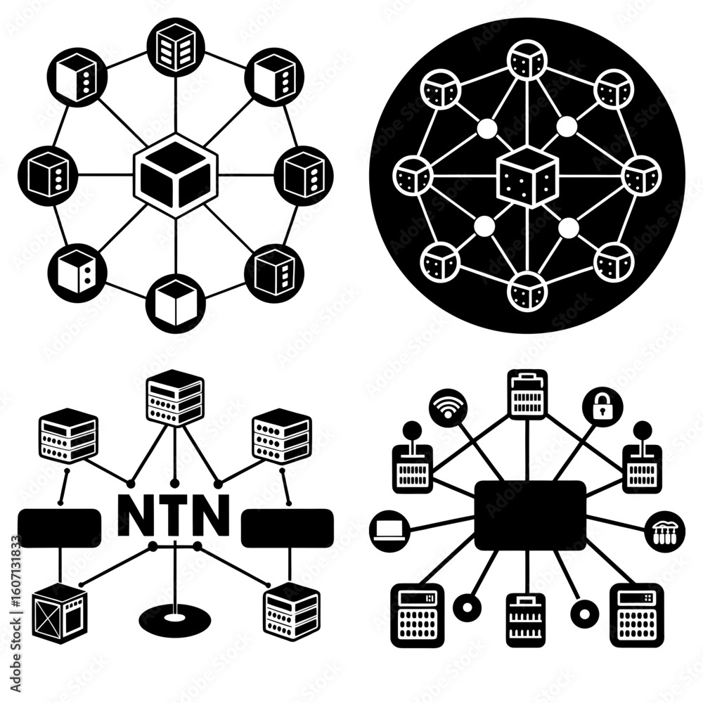 Poster network diagrams showing connected cubes, servers, and devices in a structured arrangement design