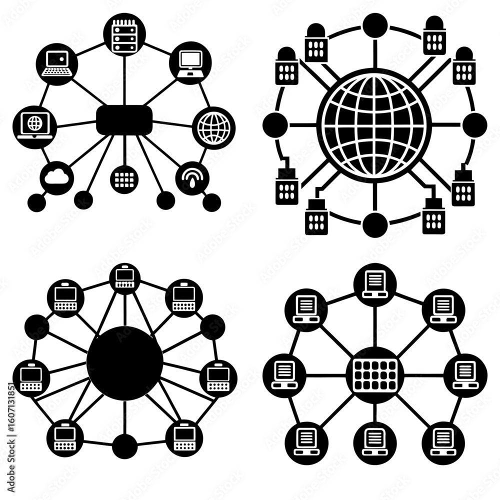 Poster illustration showing four network diagrams with connected devices and a globe in a black and white s