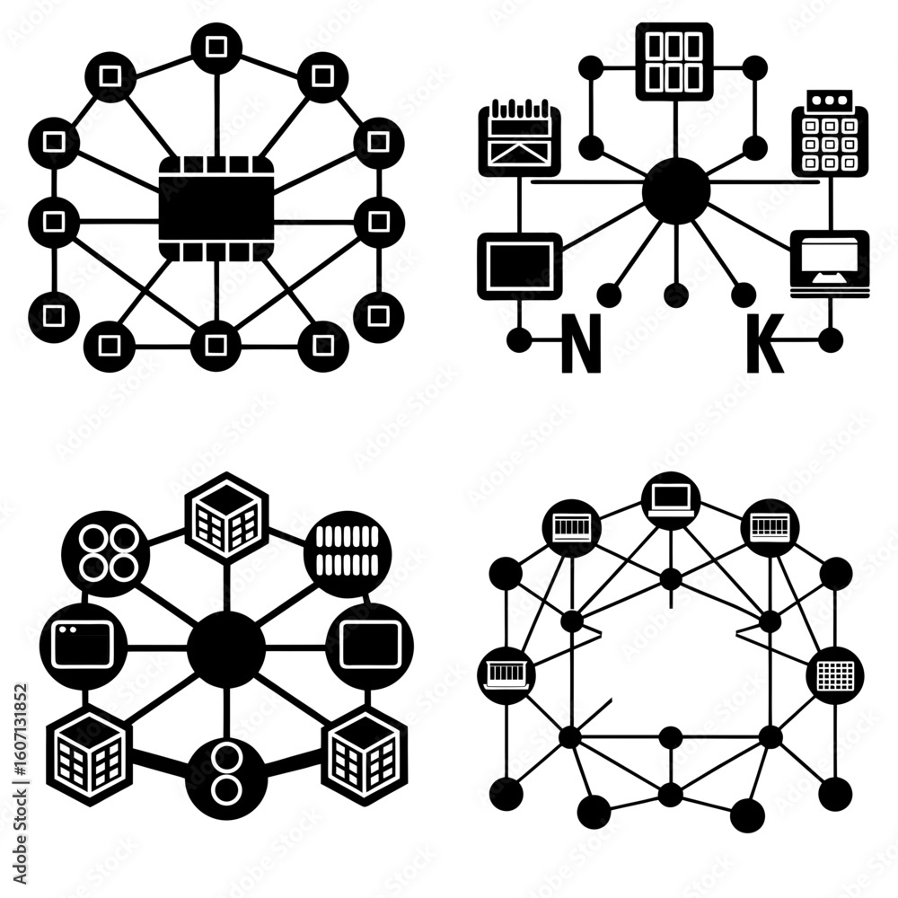 Aufkleber illustration showing four different network diagrams with connections and various nodes in black and