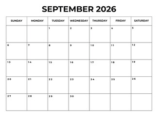 Printable 2026 September Calendar with Daily Boxes Week Starts from Sunday