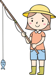 A smiling girl, wearing a sun hat and boots, patiently holds a fishing rod with a small fish on the line.