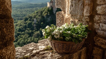 A woven basket with white flowers on the stone windowsill of an ancient French castle, overlooking green hills, trees in springtime, sun through leaves on a stone path for a warm atmosphere.
