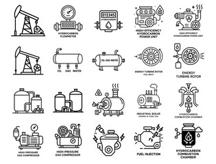 Power Production Hydrocarbon concept. Industrial icons representing energy and hydrocarbon processes.