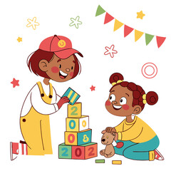 Two happy children playing with building blocks and toys