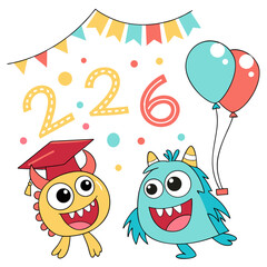 Two happy monsters celebrate graduation with balloons and banners