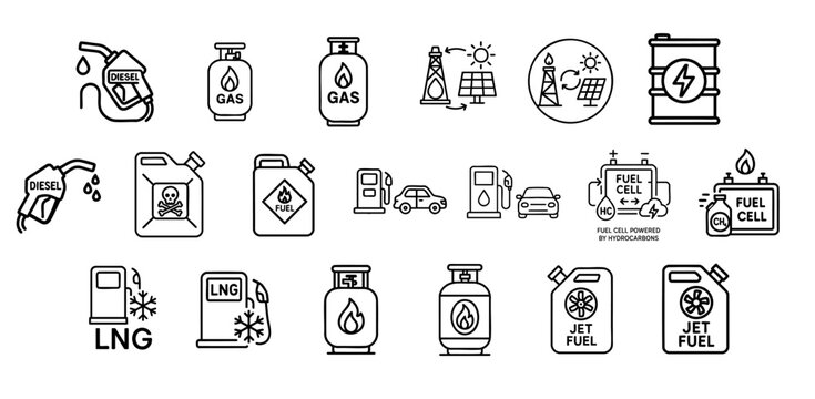 Power Production Hydrocarbon concept. Fuel icons, including gas, diesel, and renewable energy symbols.