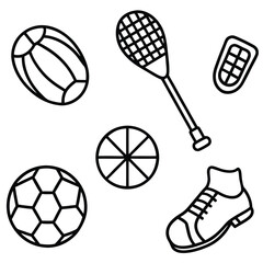 Sport Equipment Icon: A collection of diverse sports equipment icons elegantly rendered in minimalist black and white, ideal for representing various sporting activities.