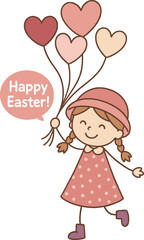 Happy Easter celebration, cute girl holding heart balloons, festive spring design, cheerful holiday greeting, pink dress cartoon, seasonal illustration