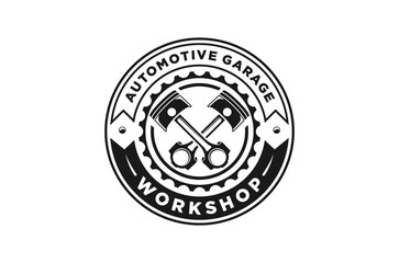 Automotive garage workshop logo design. Features crossed pistons emblem. Vector illustration.