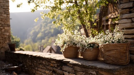 A woven basket with white flowers on the stone windowsill of an ancient French castle, overlooking green hills, trees in springtime, sun through leaves on a stone path for a warm atmosphere.