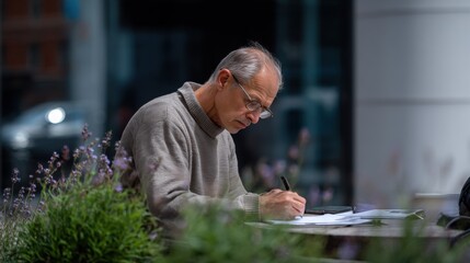 Elderly man writing on a notepad, sitting at an outdoor table with lavender plants and modern architecture in the background.  