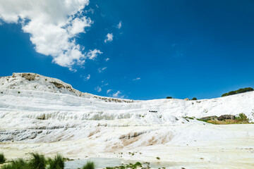 Pamukkale landscape with Natural travertine pools and terraces in Denizli, Turkey