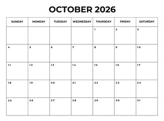 Printable October 2026 Calendar with Daily Boxes Week Starts from Sunday