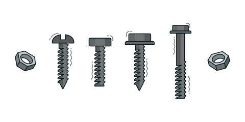 Hardware icons for construction such as Screws, bolts, nuts, and rivets. Vector illustration