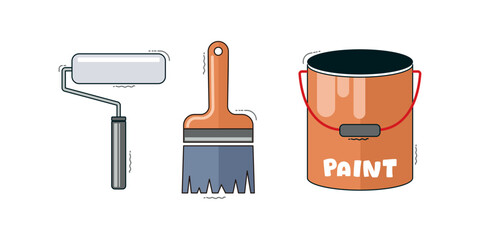 Illustration of a wall paint equipment set such as a roller, brush and paint bucket