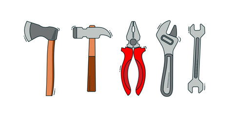 Some collection of carpentry tools isolated on white background such as axe, hammer, pliers, wrench and spanner