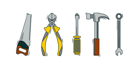 Some collection of carpentry tools isolated on white background