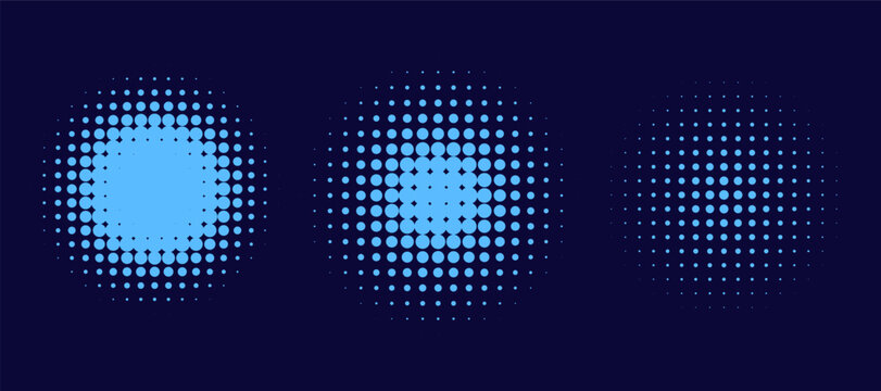 Halftone gradient. Dotted gradient, smooth dots spraying and halftones dot background seamless. Blue concentric ripple circles set. Sonar or sound wave rings collection. Target, radar icon concept. 
