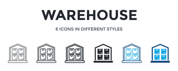 Warehouse Icon In Different Style Vector Illustration. Designed In Thin Line, Regular Line, Bold Line, Glyph, Color Line, And Color Glyph Style Can Be Used For Web