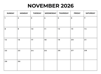Printable November 2026 Calendar with Daily Boxes Week Starts from Sunday