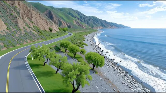 Coastal Highway Serenity: An aerial shot capturing the harmonious dance between a scenic coastal highway and the captivating sea, bordered by vibrant green flora and majestic cliffs.