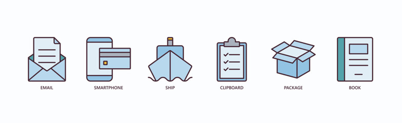 Logistics Essentials Icon Set Isolated Vector Illustration Concept With Icon Of Email, Smartphone, Ship, Clipboard, Package, Book In Outline Color Style