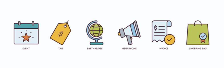 Event Marketing Icon Set Isolated Vector Illustration Concept With Icon Of Event, Tag, Earth Globe, Megaphone, Invoice, Shopping Bag In Outline Color Style