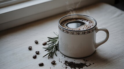 Steaming coffee in white mug with rosemary and beans