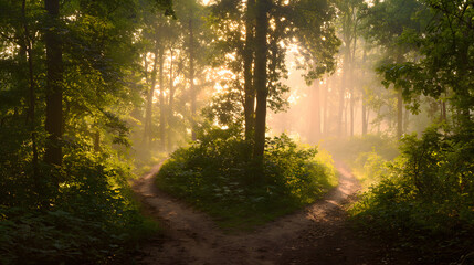 Fototapeta premium A misty forest with diverging paths, bathed in golden light filtering through trees.