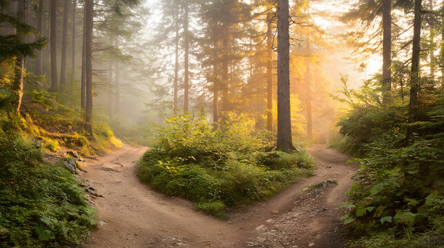 A misty forest with diverging paths, bathed in golden light filtering through trees.