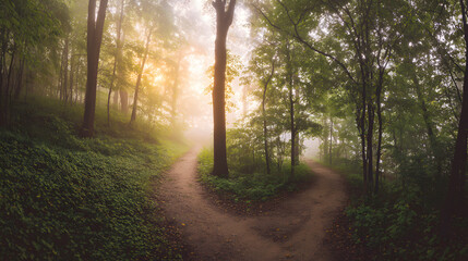 Obraz premium A misty forest with diverging paths, bathed in golden light filtering through trees.