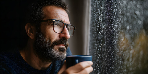 Contemplative Man with Beard Sipping Coffee by Rainy Window
