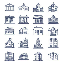 Fototapeta premium Minimal Line Icons Set of Buildings and Architectural Structures.