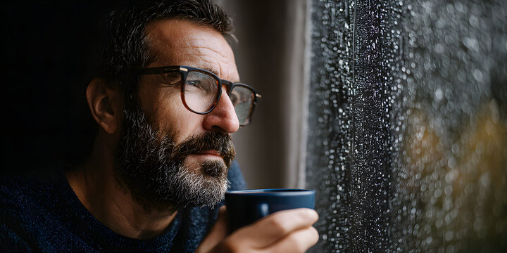 Contemplative Man with Beard Sipping Coffee by Rainy Window