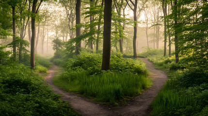 Obraz premium A misty forest with diverging paths, bathed in golden light filtering through trees.