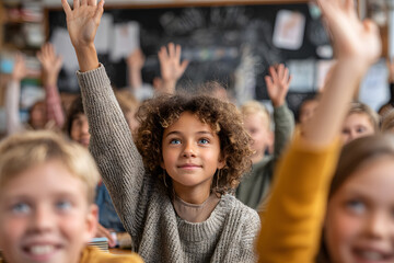 Enthusiastic students raise their hands in a classroom setting, eager to participate and learn together in a vibrant educational environment.