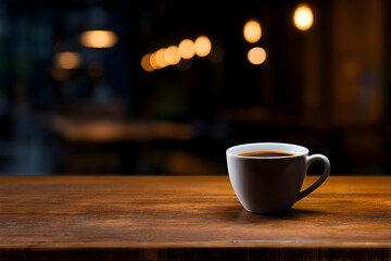 Fototapeta premium Coffee cup resting on a wooden table is illuminated by warm, soft lighting in a cozy cafe atmosphere filled with hanging lights in the background