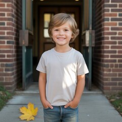 Kids white  tshirt mockup. Kindergarten student, boy model in casual short sleeve shirt, jeans, standing outside by school entrance. Youngs basic crewneck tee mockup