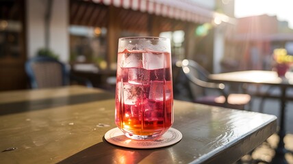 Tall glass of pink drink with ice on a table beverage