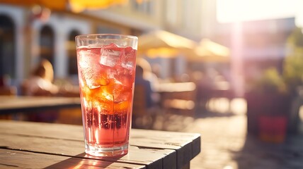 Tall glass of pink iced drink on wooden table outdoors