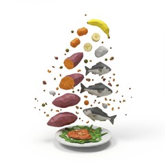 Naklejka premium Low Poly Food Cascade Fish Sweet Potato Banana and Greens on White