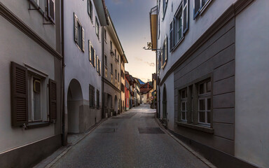 Sunset on the medieval streets in the center of Thusis in Switzerland