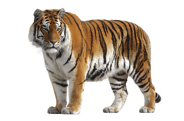 Obraz premium Majestic tiger standing tall with striking orange and black stripes, powerful predator in nature.